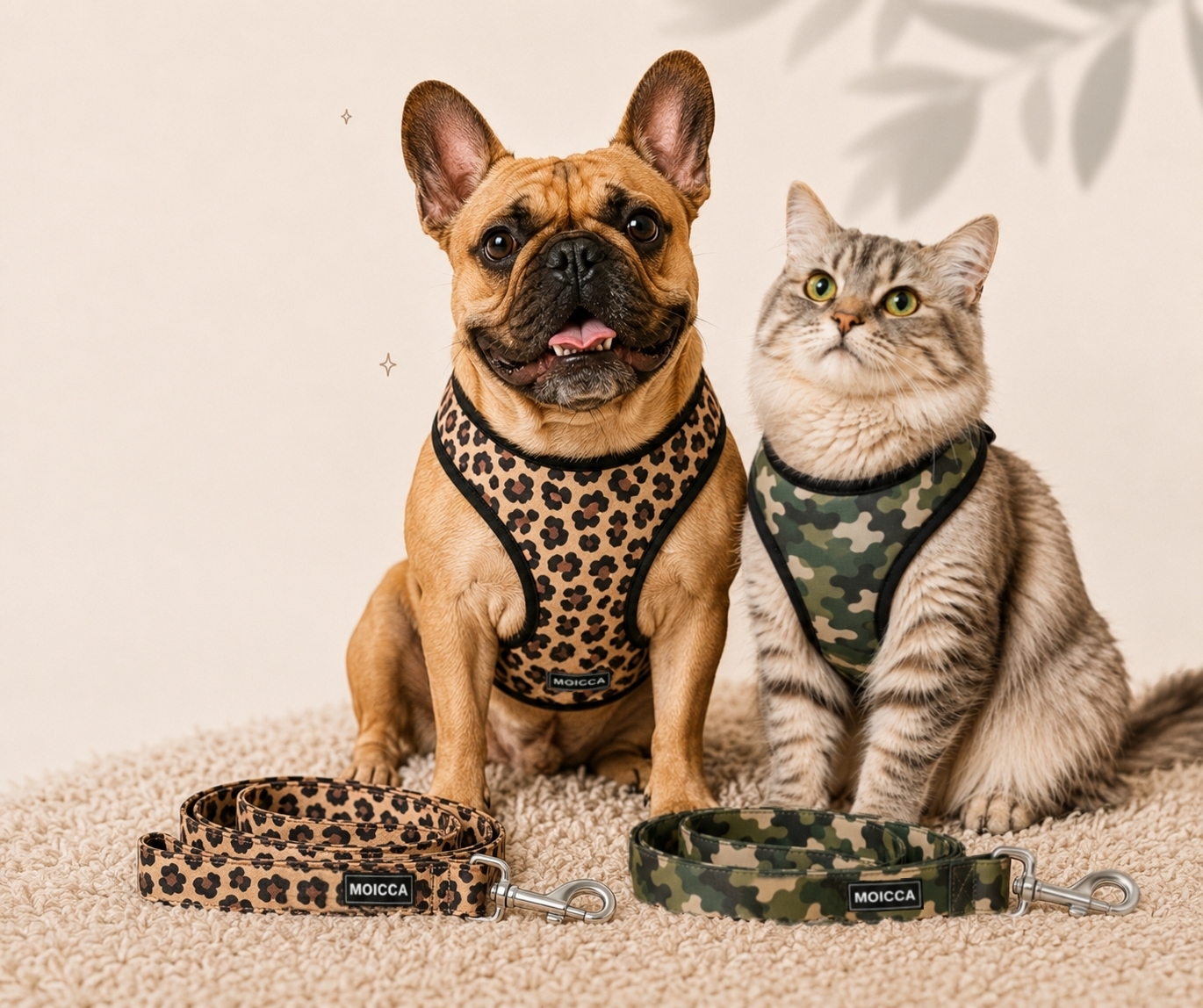 Perro y gato con arneses Moicca